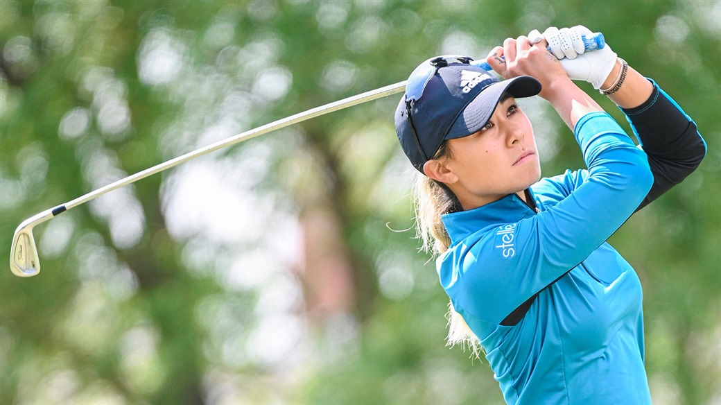 Danielle Kang plays an approach shot into the green with her Pro V1x golf ball during action at the 2019 Buick LPGA Shanghai